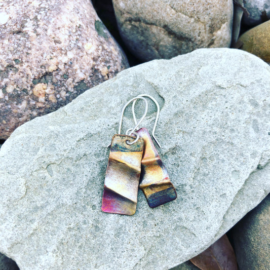Copper fold formed and flame colored earrings